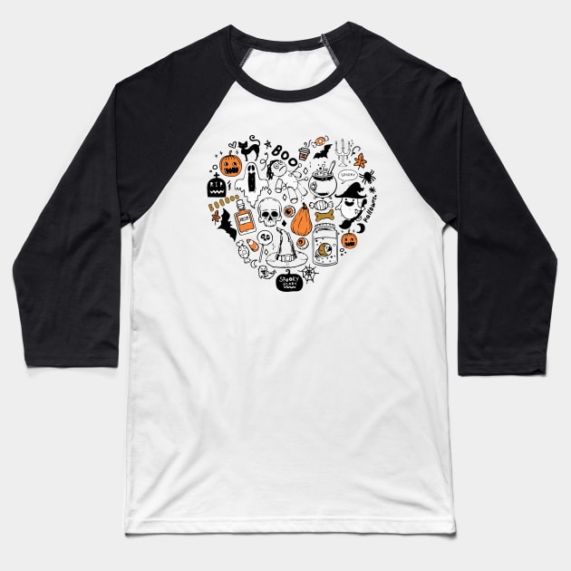 Spooky Cute Halloween Doodles - Skulls & Witchcore Heart Baseball T-Shirt by PUFFYP